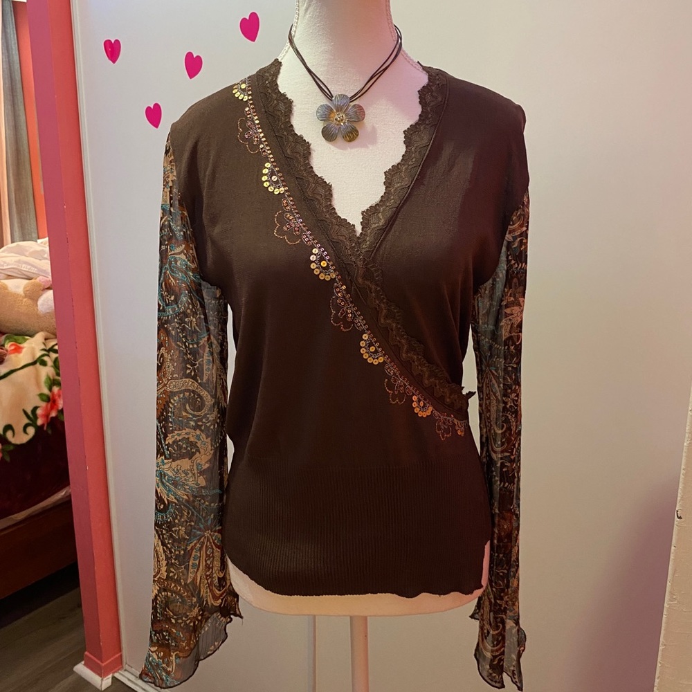 Y2K Folia Boho Paisley Butterfly Flounce Sleeve Sequin Lace Wrap Top